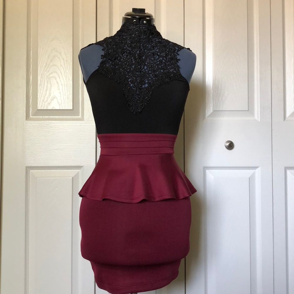 Charlotte Russe Maroon and Black Lace Peplum Dress